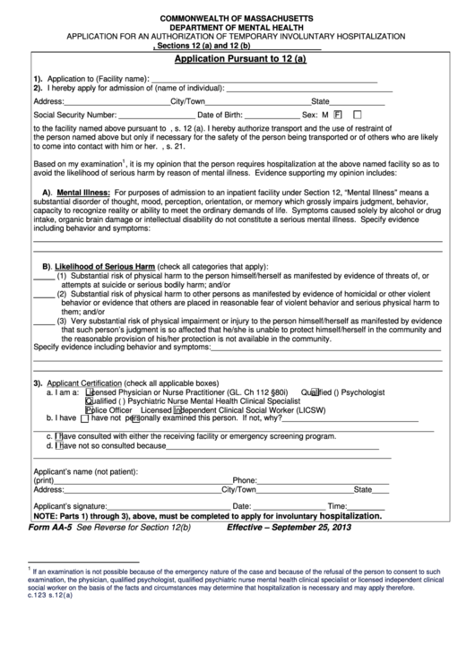Form Aa-5 - Application For And Authorization Of Temporary Involuntary Hospitalization - Massachusetts Department Of Mental Health Printable pdf