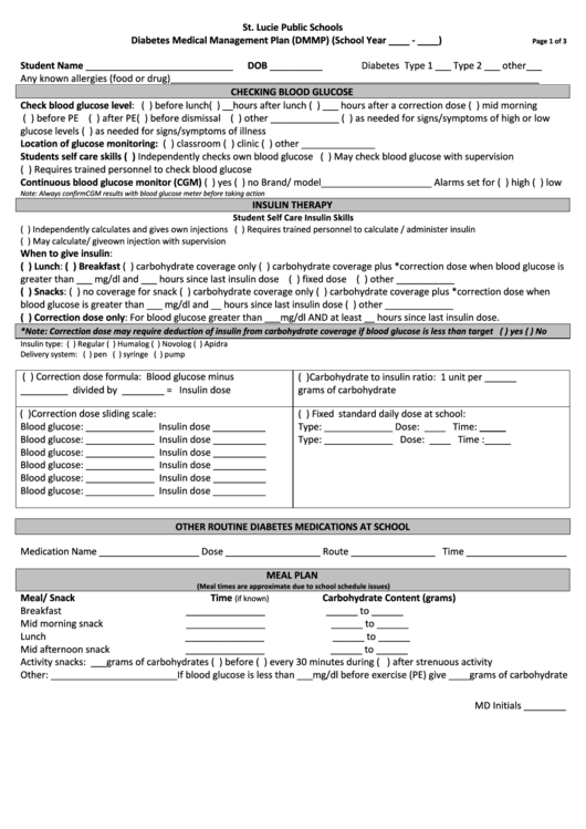Form Sts 0119 - Diabetes Medical Management Plan (Dmmp) Printable pdf