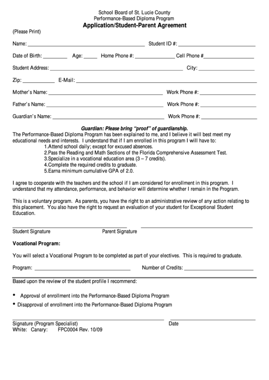 Application/student-Parent Agreement Template Printable pdf