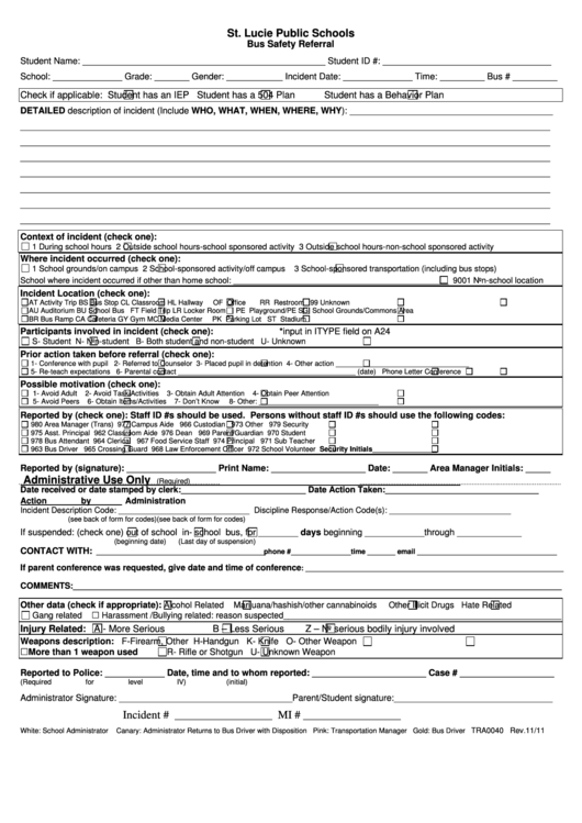 Form Tra0040 - Bus Safety Referral Printable pdf