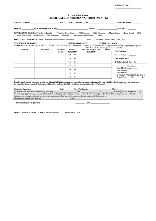 Form Spi0023 - Certificate Of Withdrawal Form (Pre K - 12) Printable pdf