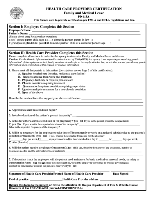 Health Care Provider Certification - Family And Medical Leave Printable pdf