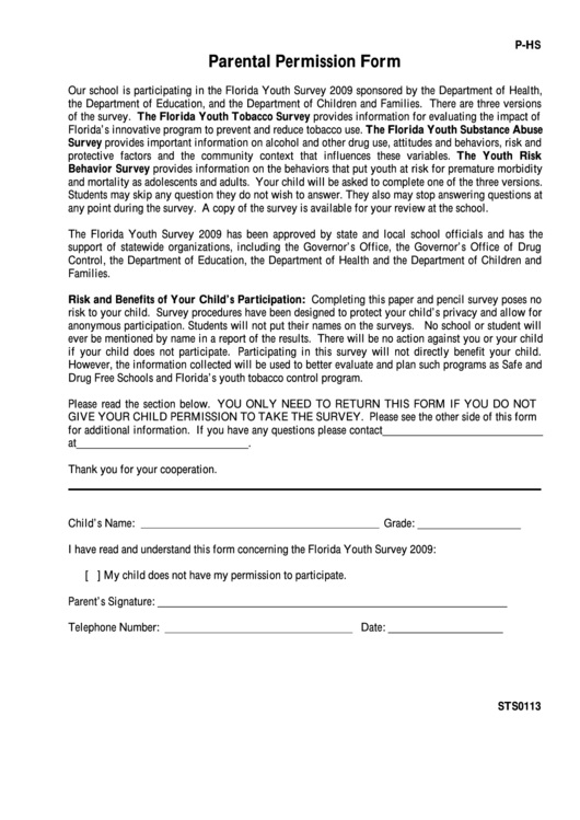 Form Sts0113 - Parental Permission Form Printable pdf