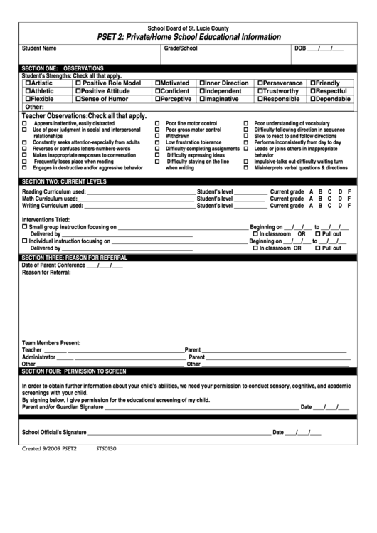 Form Sts0130 - Pset 2: Private/home School Educational Information Printable pdf