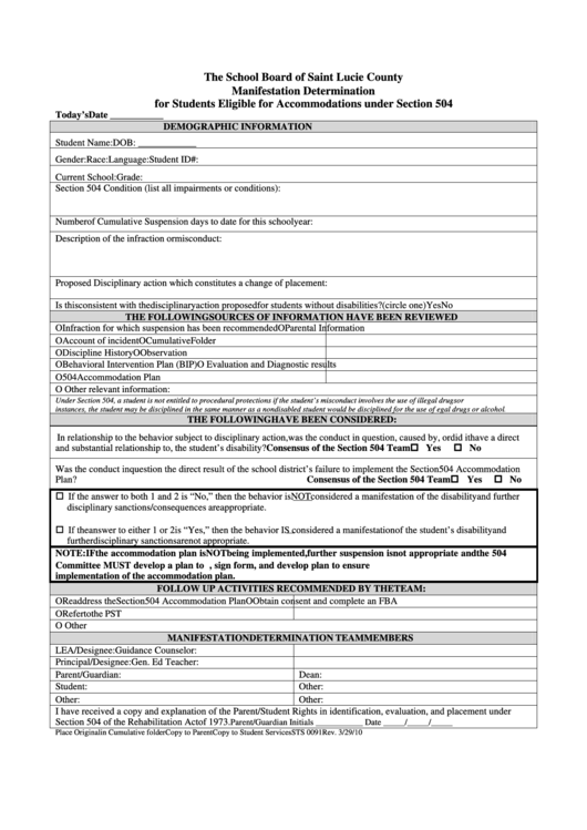 Fillable Form Sts 009 - Manifestation Determination For Students Eligible For Accommodations Under Section 504 Printable pdf