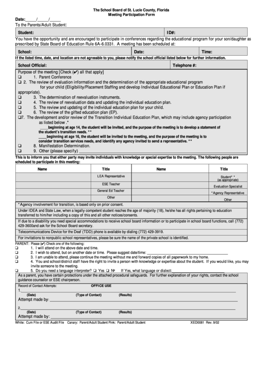 Meeting Participation Form Printable pdf