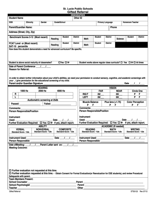 Form Sts0123 - Gifted Referral Printable pdf