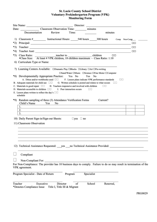 Voluntary Prekindergarten Program (Vpk) Monitoring Form Printable pdf