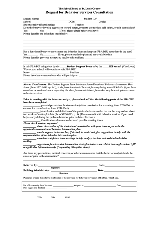 Request For Behavior Services Consultation Form