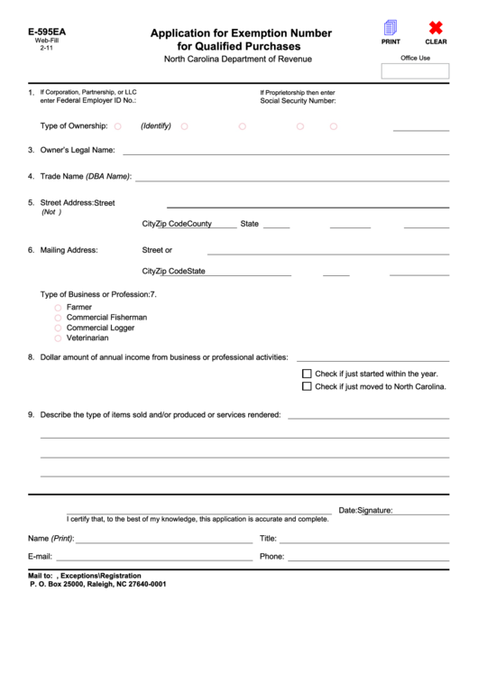 Fillable Form E-595ea - Application For Exemption Number For Qualified Purchases - 2011 Printable pdf