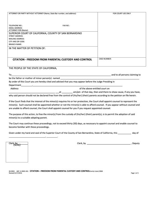 Form Sb-9003 - Citation - Freedom From Parental Custody And Control - Superior Of California, County Of San Bernardino