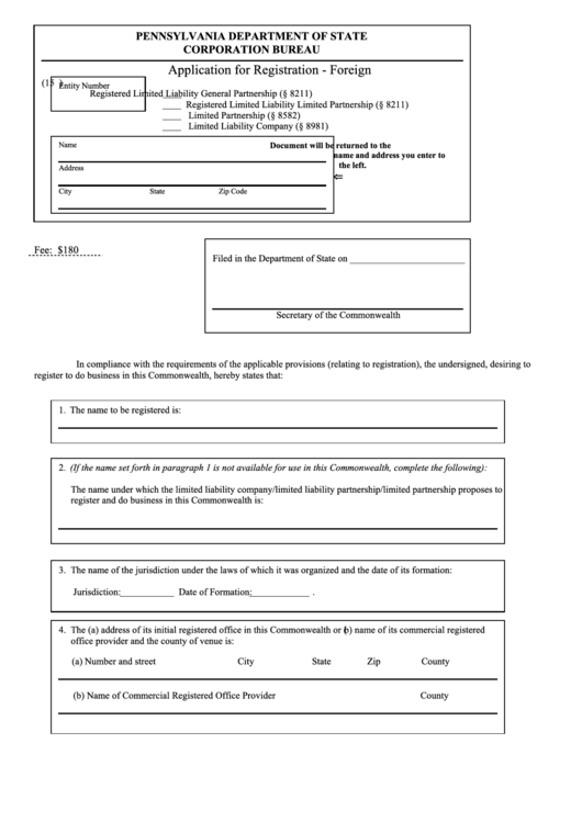 Fillable Application For Registration - Foreign Template Printable pdf