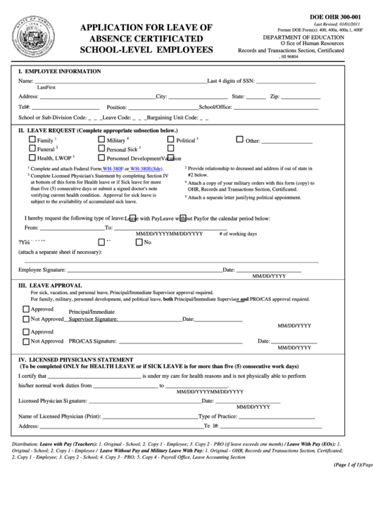 Fillable Form Doe Ohr 300-001 - Application For Leave Of Absence Certificated School-Level Employees - Department Of Education - State Of Hawaii Printable pdf