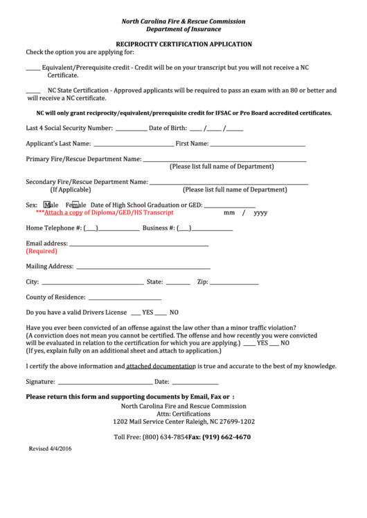 Reciprocity Certification Application Form - North Carolina Fire & Rescue Commission Department Of Insurance Printable pdf