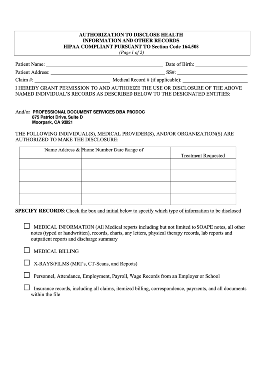 Fillable Authorization To Disclose Health Information And Other Records Hipaa Compliant Form - California Printable pdf