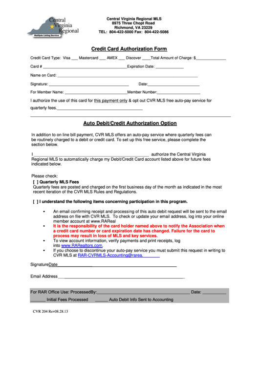 Fillable Form Cvr 204 - Credit Card Authorization Form Printable pdf