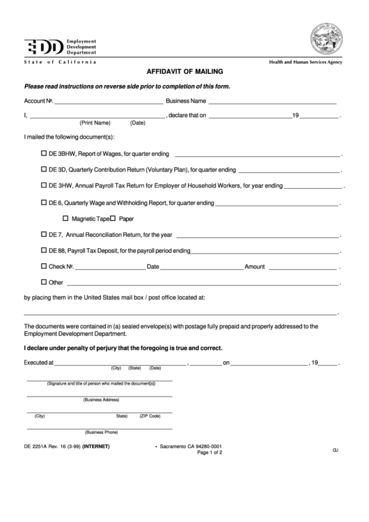 Form De 2251a - Affidavit Of Mailing Printable pdf