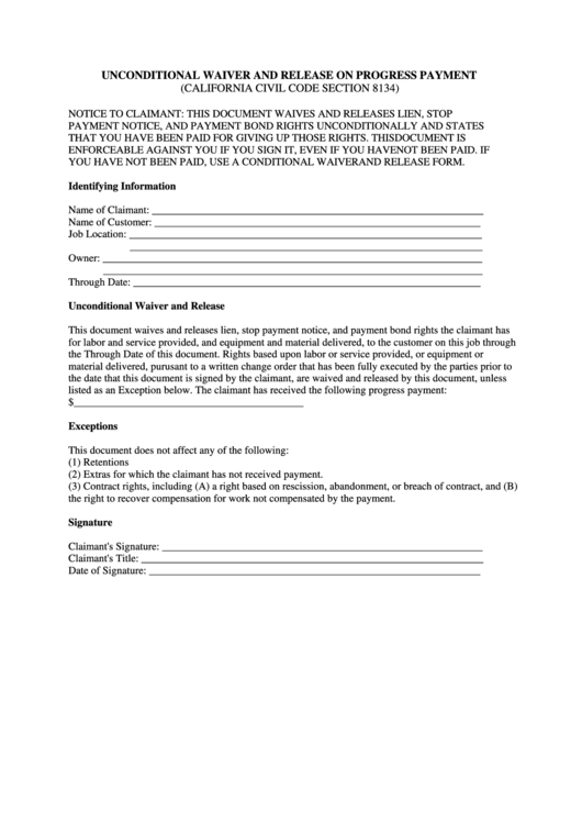 Fillable Unconditional Waiver And Release On Progress Payment Form - California Printable pdf