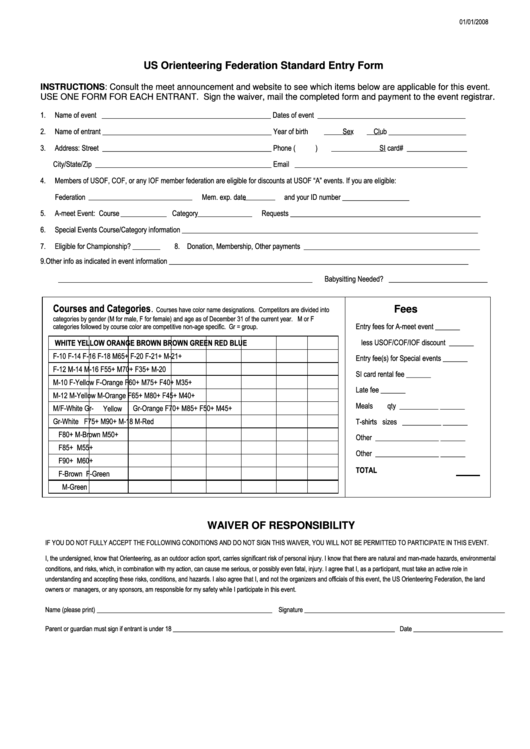 Standard Entry Form - Orienteering Usa Printable pdf