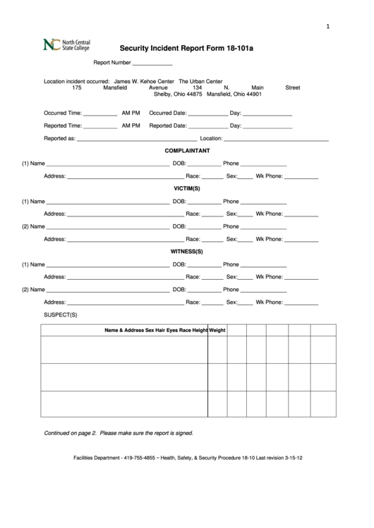 Fillable Form 18-101a - Security Incident Report Printable pdf