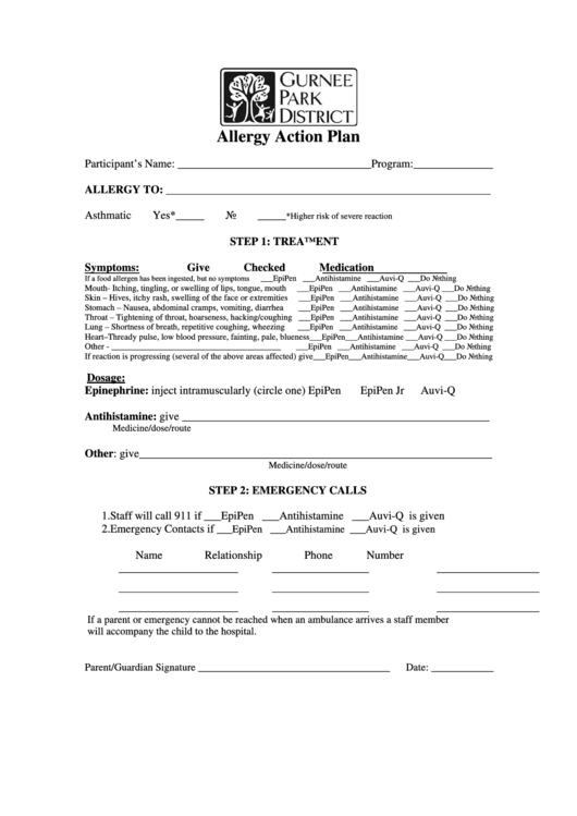 Allergy Action Plan Form Printable pdf