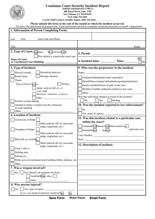 Fillable Security Incident Report Form Louisiana Printable pdf