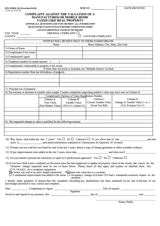 Fillable Dte Form Im - Complaint Against The Valuation Of Manufactured Or Mobile Home Taxed Like Real Property Printable pdf
