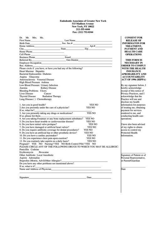 Consent For Release Of Informaton For Treatment, Payment And Health Care Operations Form Printable pdf