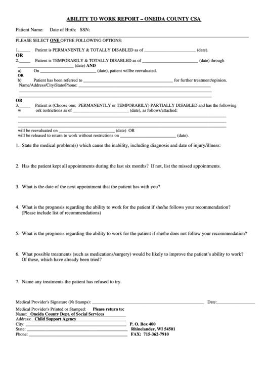 Ability To Work Report Form - Oneida County Dept. Of Social Services Printable pdf