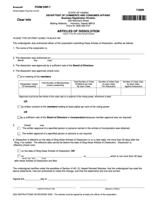 Fillable Form Dnp-7 - Articles Of Dissolution 2008 Printable pdf