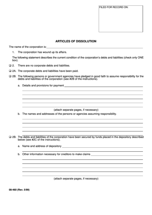 Form 08-460 - Articles Of Dissolution Printable pdf