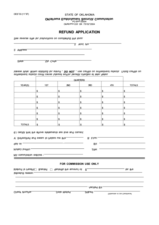 Form Oes-33 - Refund Application Printable pdf