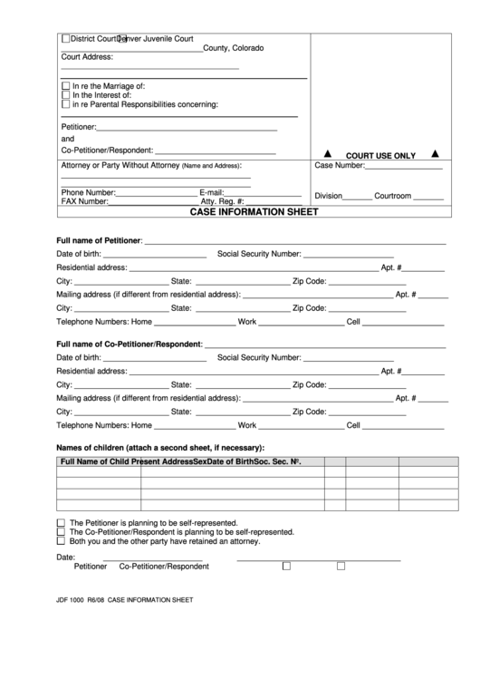 Fillable Form Jdf 1000 - Case Information Sheet Printable pdf