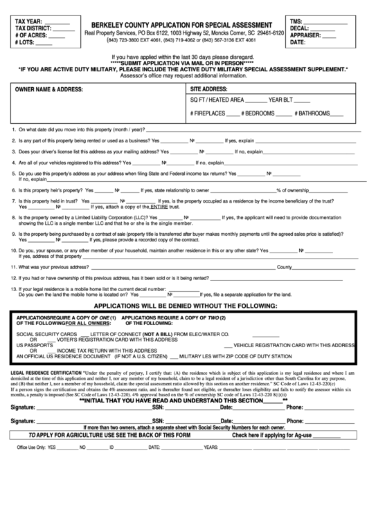 Application For Special Assessment Form Berkeley County Printable pdf