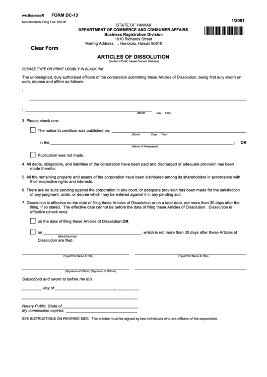 Fillable Form Dc-13 - Articles Of Dissolution - 2001 Printable pdf