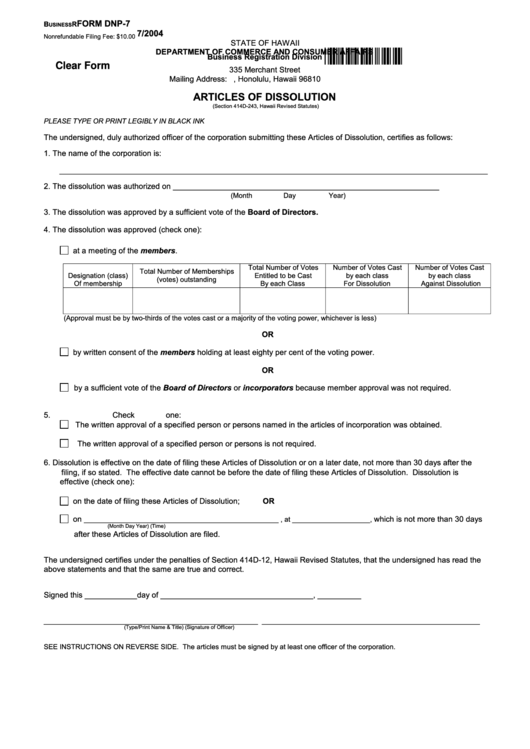 Fillable Form Dnp-7 - Articles Of Dissolution 2004 Printable pdf
