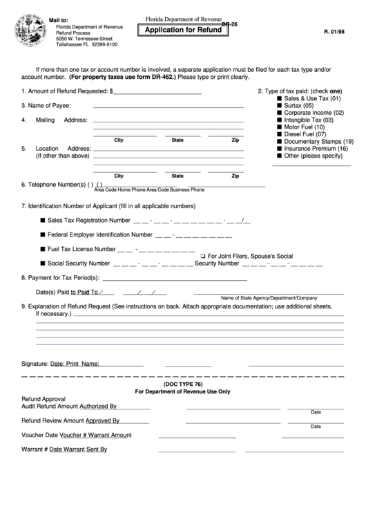 Fillable Form Dr-26 - Application For Refund 1998 Printable pdf