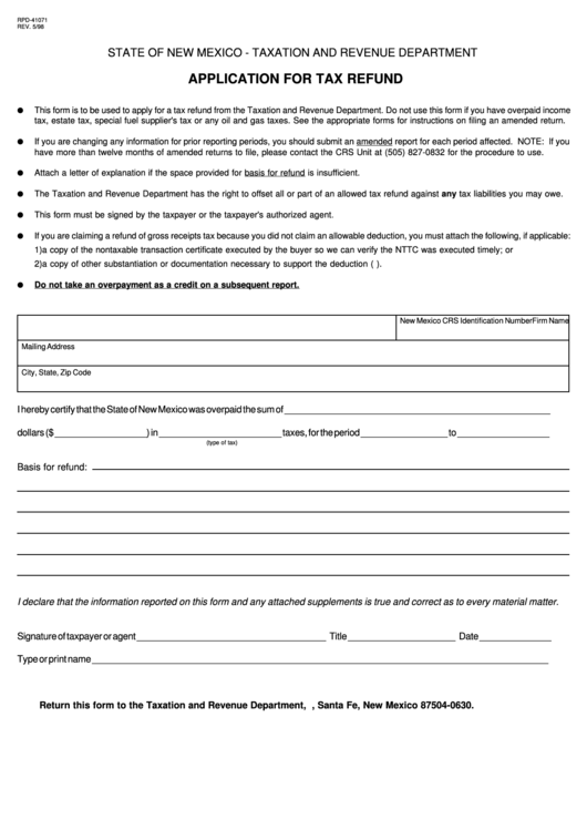 Fillable Form Rpd-41071 - Application For Tax Refund - 1998 Printable pdf