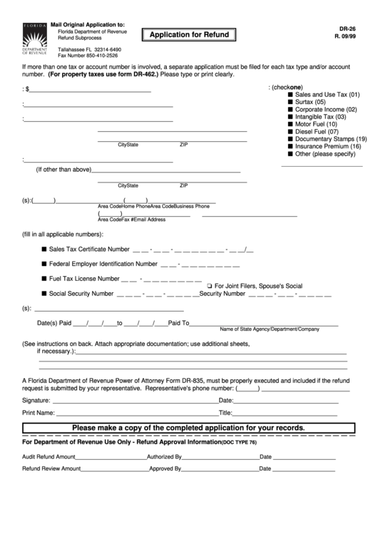 Form Dr-26 - Application For Refund 1999 Printable pdf