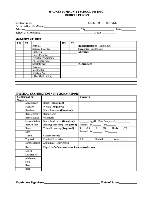 School Medical Report Form Printable pdf