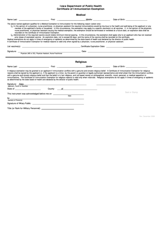 Certificate Of Immunization Exemption Form - Iowa Department Of Public Health Printable pdf