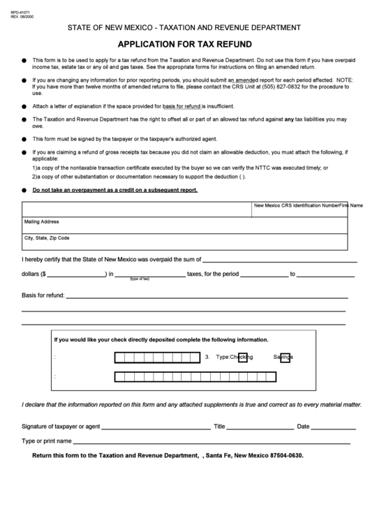 Form Rpd-41071 - Application For Tax Refund - 2000 Printable pdf