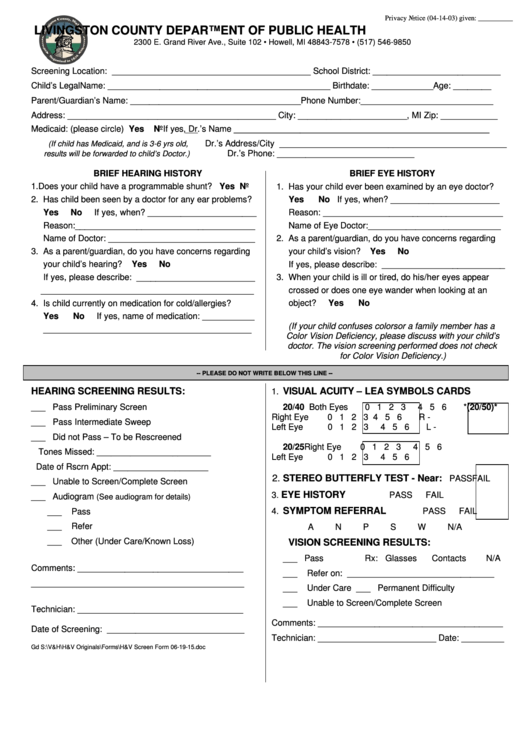 Vision Screening Form - Livingston County Department Of Public Health