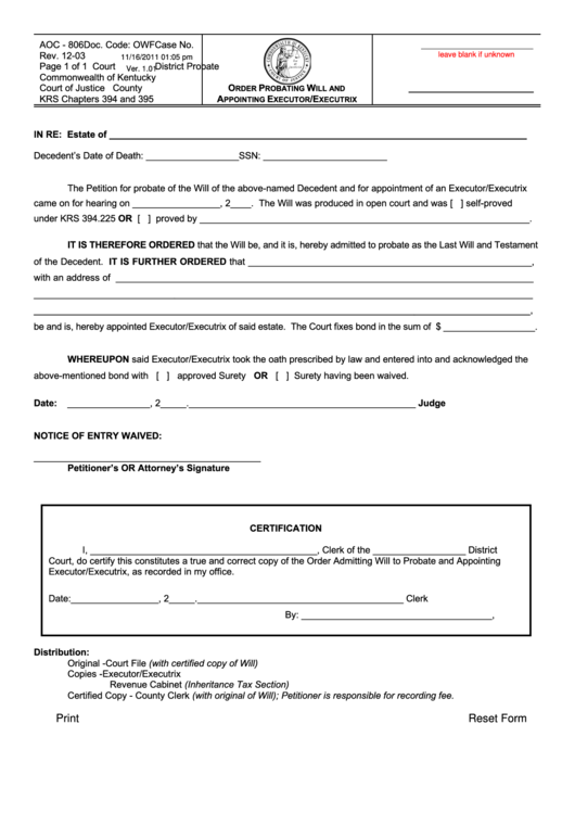 Fillable Form Aoc-806 - Order Probating Will And Appointing Executor/executrix - Kentucky Court Of Justice Printable pdf