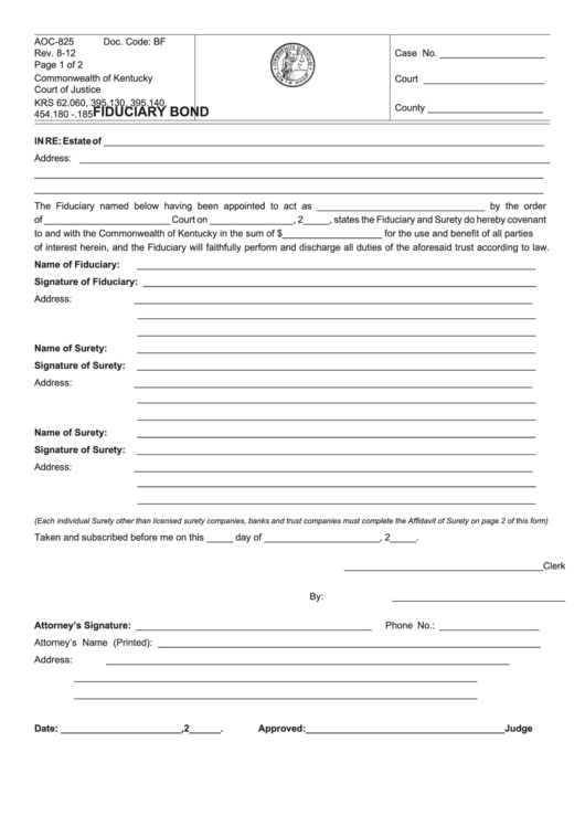 Fillable Form Aoc-825 - Fiduciary Bond Printable pdf