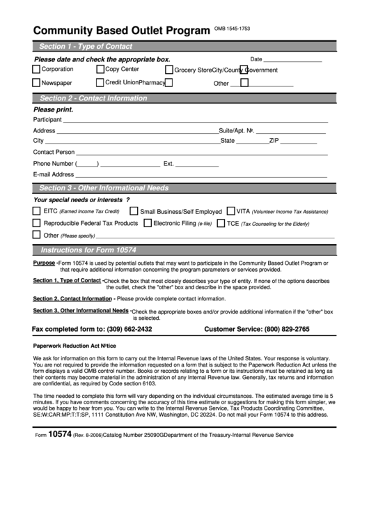 Fillable Form 10574 - Community Based Outlet Program - Department Of Treasury Printable pdf
