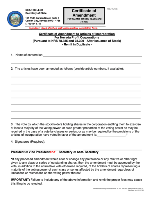 Certificate Of Amendment To Articles Of Incorporation For Nevada Profit Corporations - Nevada Secretary Of State Printable pdf