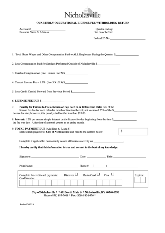 Quarterly Occupational License Fee Withholding Return Form - Nicholasville Printable pdf