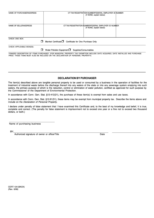 Form Cert-124 - Declaration By Purchaser Printable pdf