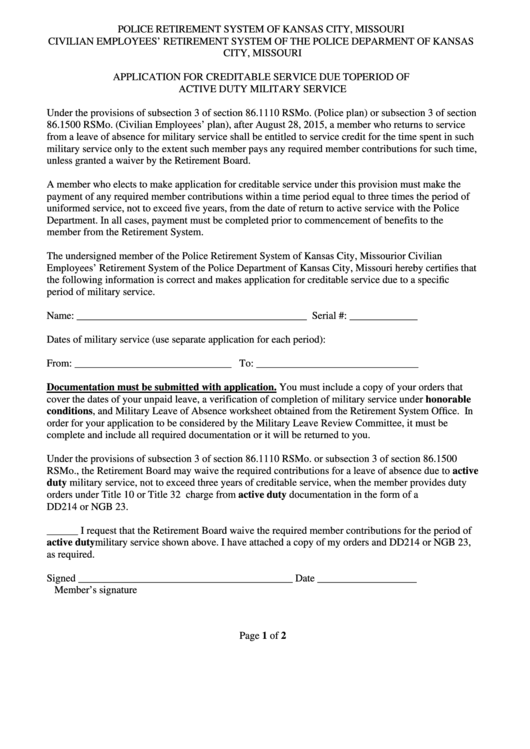 Application For Creditable Service Due To Period Of Active Duty Military Service Form - Police Retirement System - Kansas City, Missouri Printable pdf